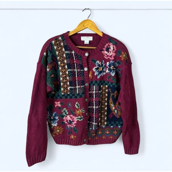Vintage ID Distinctions Large Red Burgundy Floral Knit Sweater - Picture 1 of 8